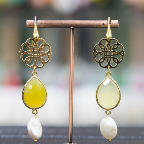 925 Silver Earrings With Filigree And Yellow Agate With River Pearls 20x79mm