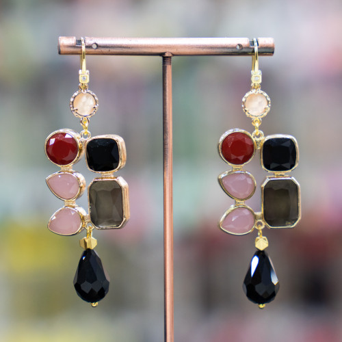 925 Silver Earrings with Cat's Eye and Black Crystal Drops 20x70mm Red