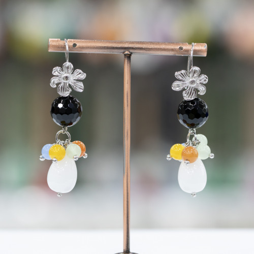 925 Silver Flower Earrings with Faceted Onyx and White Agate Drops 13x54mm