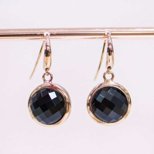 925 Silver Earrings with Rose Gold Hook and Faceted Round Onyx Set 15x30mm