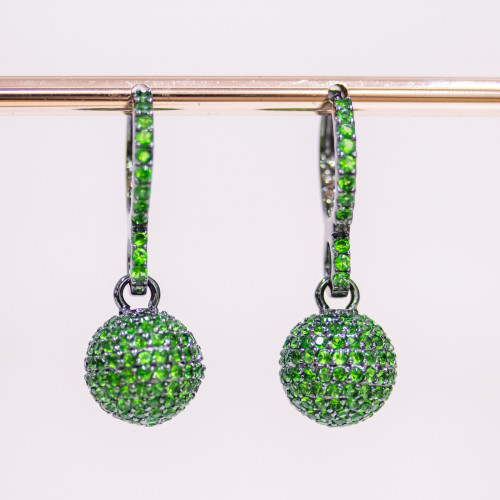 925 Silver Closed Stud Earrings Burnished MicroPave Sphere With Green Zircons 12x33mm