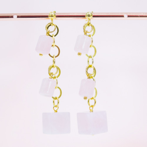 925 Silver Stud Earrings With Gold Plated Chain With Rose Quartz Shapes