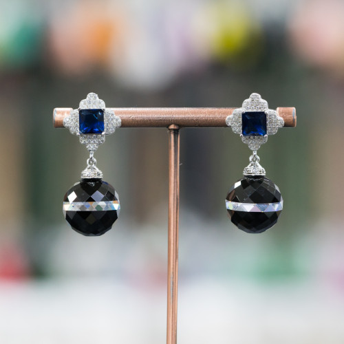 925 Silver Stud Earrings With Blue Zircons And Round Zircon Pendant 14x35mm Black And White