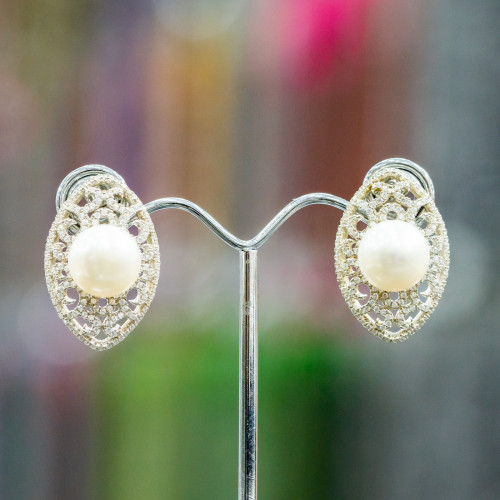 925 Silver Stud Earrings With Zircons And River Pearls 18x27mm