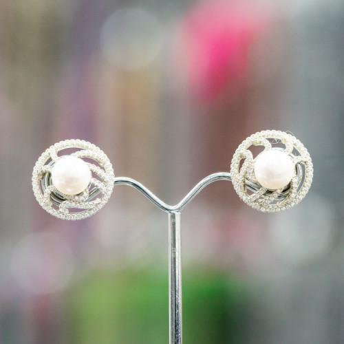 925 Silver Stud Earrings With Zircons And Freshwater Pearls 19mm