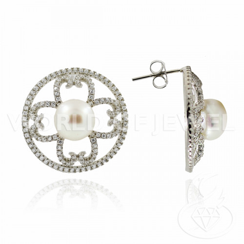 925 Silver Stud Earrings with Zircons and Round River Pearls 23mm 1 Pair