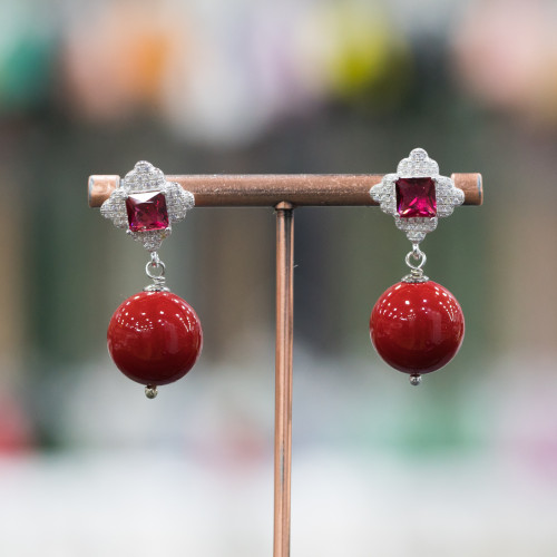 925 Silver Stud Earrings With Zircons And Majorcan Pearls Round 14x35mm Red