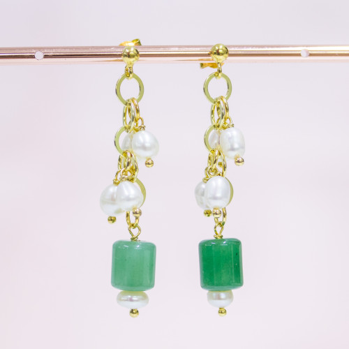 925 Silver Gold Plated Stud Earrings With Chain River Pearls Rice And Aventurine Cylinder