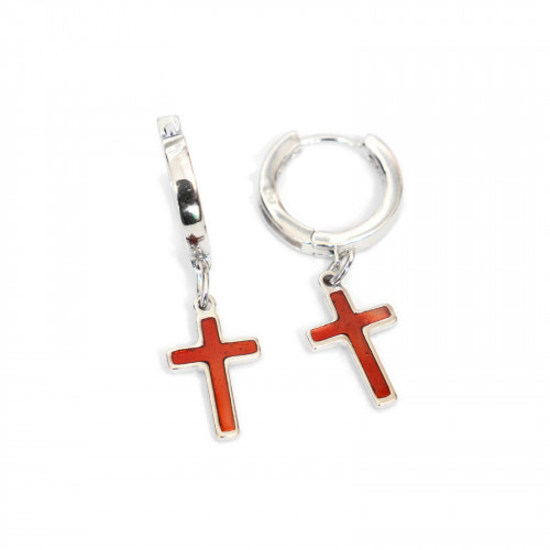 925 Silver Earrings With Circle Stud And Red Cross Enamelled Pendants 10x34mm