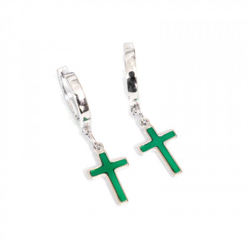925 Silver Earrings With Circle Stud And Green Cross Enamelled Pendants 10x34mm