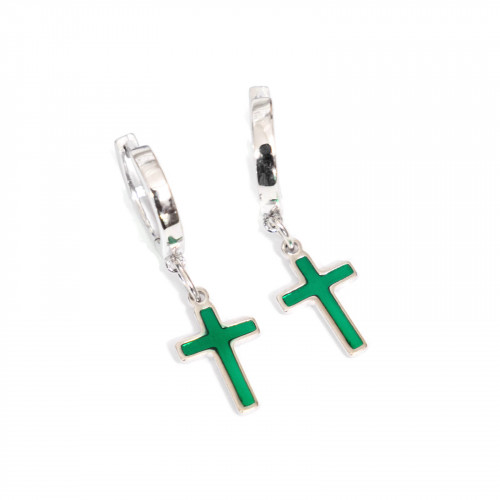 Orecchini Di Argento 925 Con Perno A Cerchietto E Pendenti Smaltati A Croce Verde 10x34mm