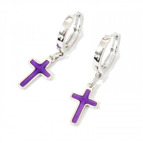 Orecchini Di Argento 925 Con Perno A Cerchietto E Pendenti Smaltati A Croce Viola 10x34mm