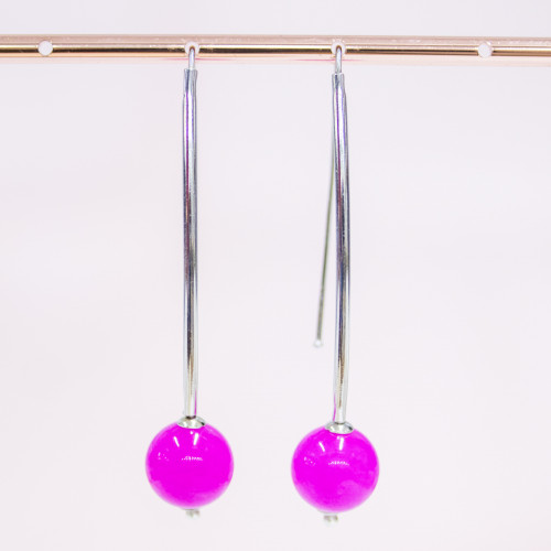 925 Silver Earrings Long Rhodium-Plated Earrings with Shocking Pink Korean Jade 12x65mm