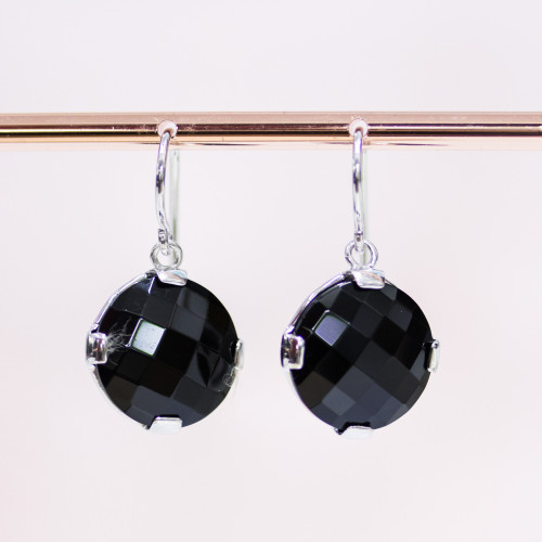 925 Silver Earrings Rhodium Plated Earrings With Round Faceted Flat Onyx 18x30mm