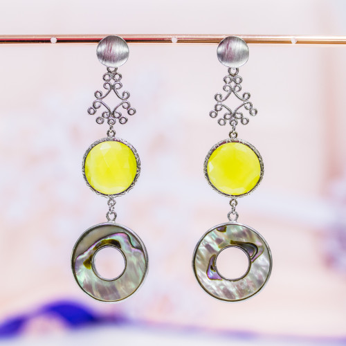 Bronze Stud Earrings With White Mother-of-Pearl Elements And Yellow Cat's Eye