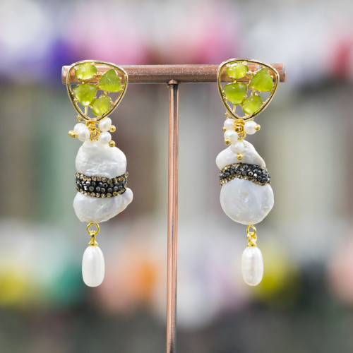 Bronze Stud Earrings with Cat's Eye and River Pearls with Marcasite 16x58mm Green