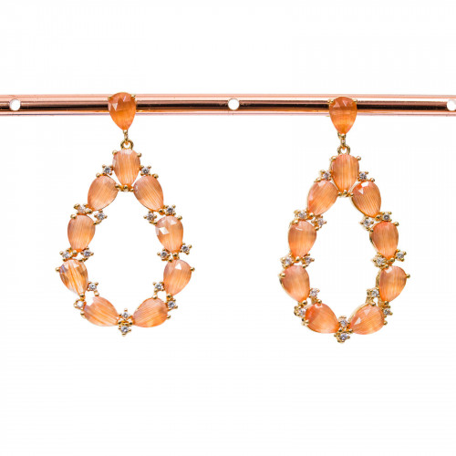 Bronze Stud Earrings With Cat's Eye Set Drop With Zircons 25.5x44mm Golden Orange
