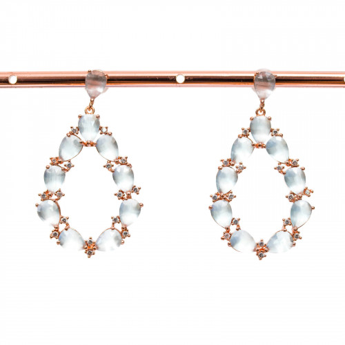 Bronze Stud Earrings With Cat's Eye Set Drop With Zircons 25.5x44mm Rose Gold Water