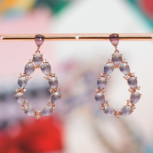 Bronze Stud Earrings With Cat's Eye Set Drop With Zircons 25.5x44mm Rose Gold Purple