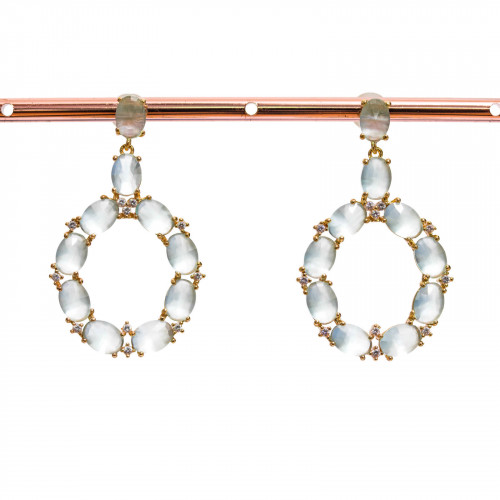 Bronze Stud Earrings With Cat's Eye Set Oval With Zircons 25.5x42mm Golden Aqua