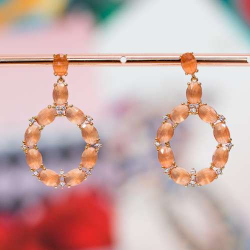 Bronze Stud Earrings With Cat's Eye Set Oval With Zircons 25.5x42mm Golden Orange