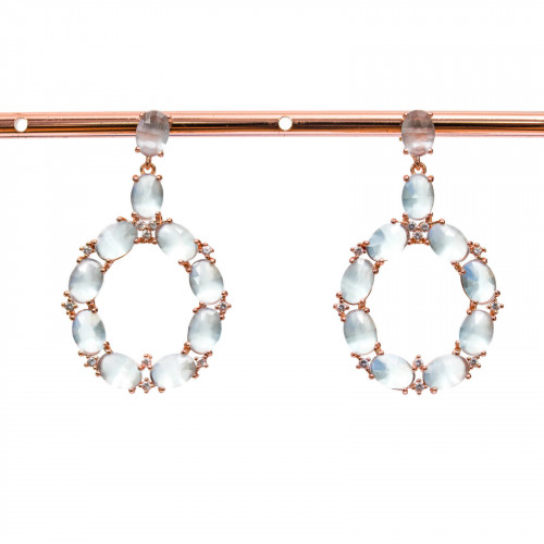Χάλκινα καρφωτά σκουλαρίκια με Σετ Γατίσιο Μάτι Οβάλ Με Ζιργκόν 25,5x42mm Ροζ χρυσό νερό