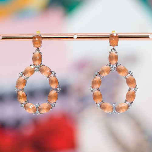 Bronze Stud Earrings With Cat's Eye Set Oval With Zircons 25.5x42mm Rhodium Plated Orange