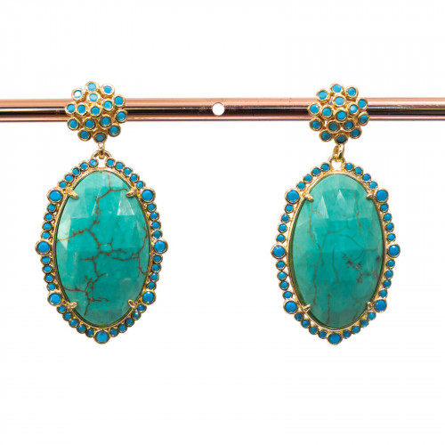 Bronze Stud Earrings With Set Stones And Zircons 22x43mm Turquoise and Stabilized Turquoise