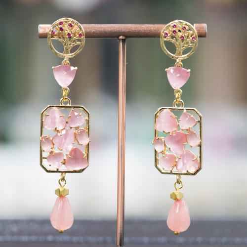 Bronze Stud Earrings Tree Set with Cat's Eye and Jade 17x76mm Pink