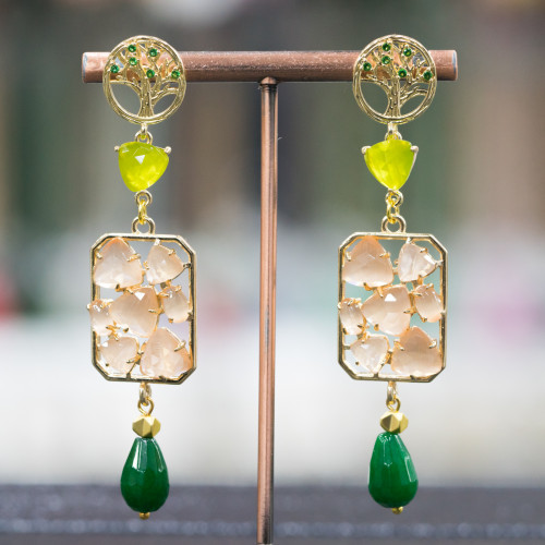 Bronze Stud Earrings Tree Set with Cat's Eye and Jade 17x76mm Green/Peach