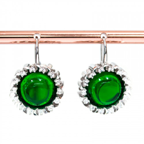 925 Silver Closed Hook Earrings With Set Zircons and Cabochon 16x23mm Green
