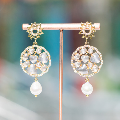 Boucles d'oreilles clous en argent 925 avec bronze et oeil de chat et perles d'eau douce 24x55mm gris