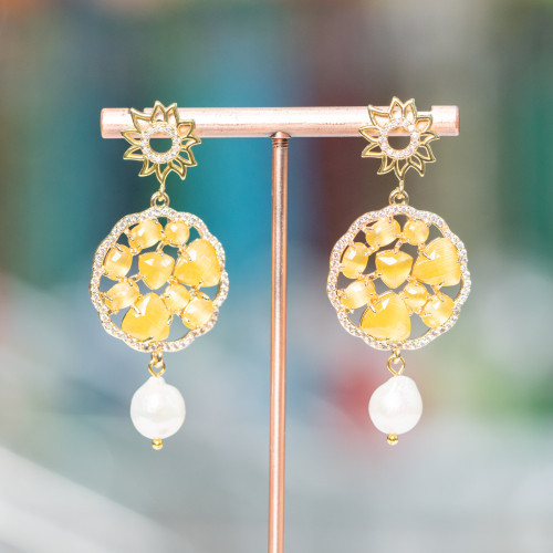 Boucles d'oreilles clous en argent 925 avec bronze et oeil de chat et perles d'eau douce 24x55mm jaune