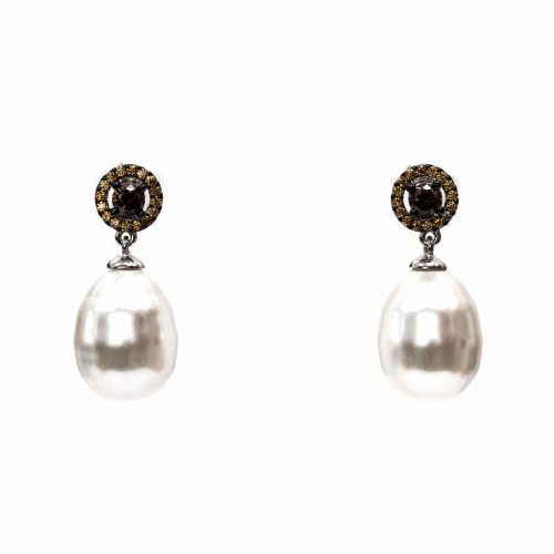 Orecchini Perno Di Argento 925 Con Perle Di Maiorca e Zirconi 13x27mm