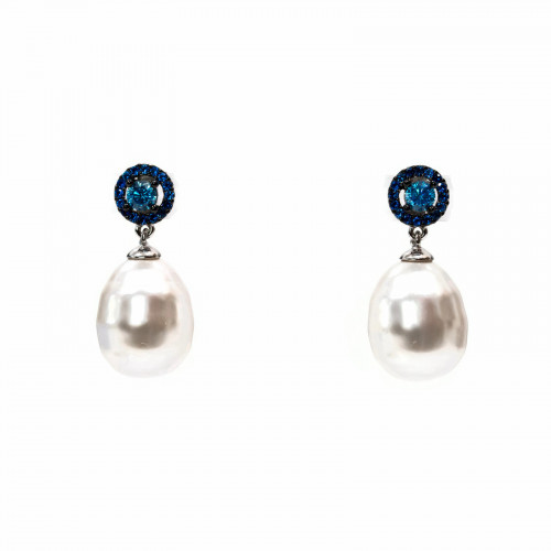 925 Silver Stud Earrings with Majorcan Pearls and Zircons 13x27mm Blue