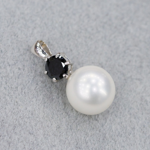 Pendentif en argent 925 avec perles de Majorque blanches et zircon noir 12x24mm