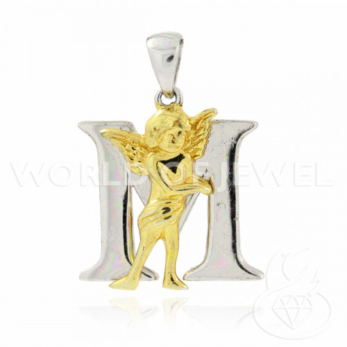 925 Silver Pendant Letter M With Rhodium-Plated Angel 1pc