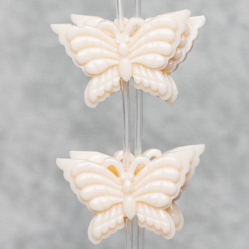 Perline Di Resina A Filo Farfalla Bifaccia 38x25mm 11pz - Bianco