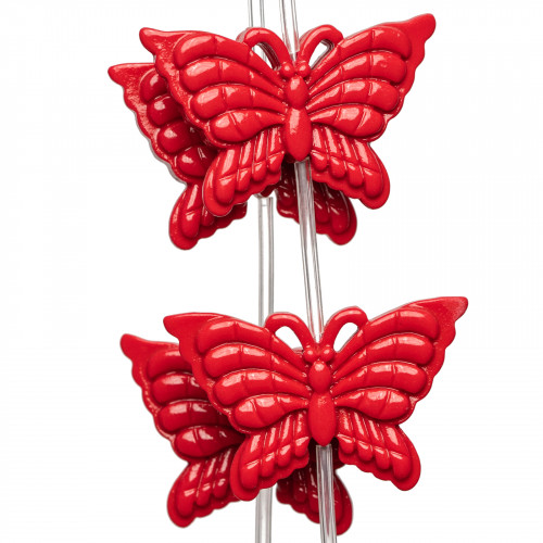Perline Di Resina A Filo Farfalla Bifaccia 38x25mm 11pz - Rosso