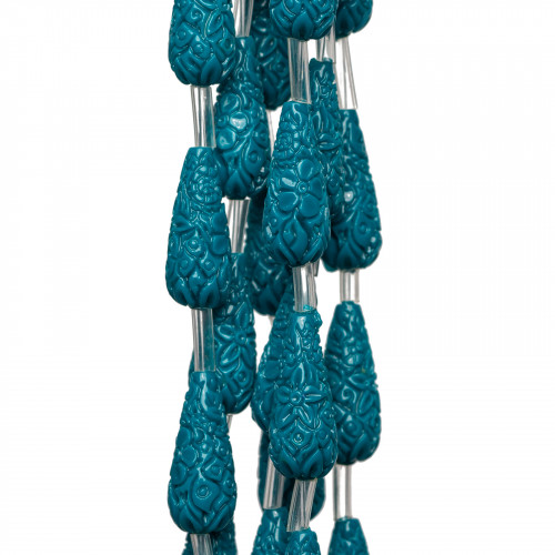 Engraved Drops Wire Resin Beads 08x20mm 15pcs Teal