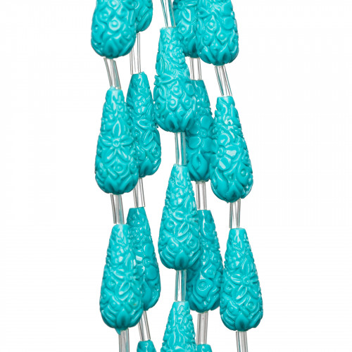 Engraved Drops Wire Resin Beads 08x20mm 15pcs Turquoise