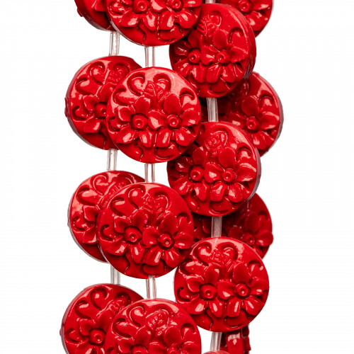 Επίπεδες Στρογγυλές Χάντρες Ρητίνης Λουλούδια 20mm 17τμχ Κόκκινο