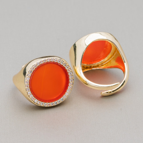 Bronze Ring With Natural Stone Plate With Zircons 20mm Adjustable Size Carnelian