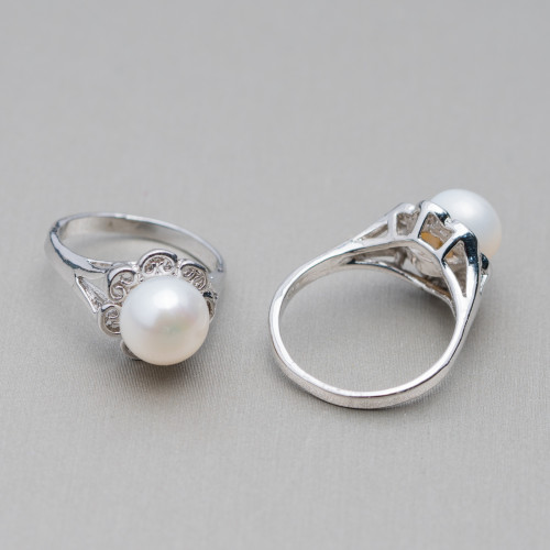 Rhodium-plated Bronze Ring And Freshwater Pearls 11.5x17mm