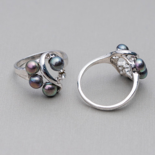 Ring aus rhodinierter Bronze und Süßwasserperlen mit 2 Lichtpunkten, 15 x 19 mm, schwarze Perlen