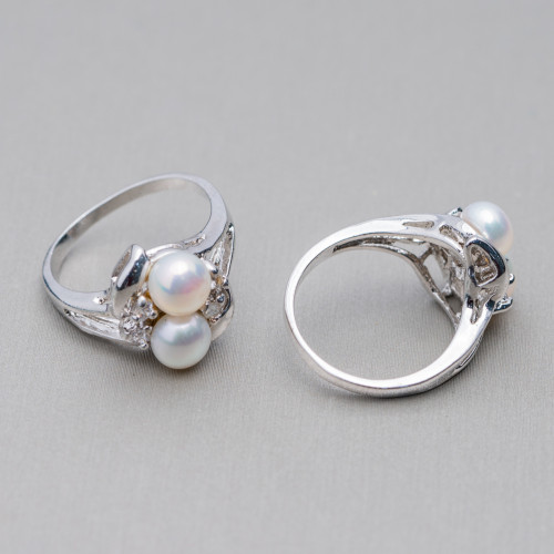 Rhodium-plated Bronze Ring And River Pearls With 3 Light Points 13x19mm