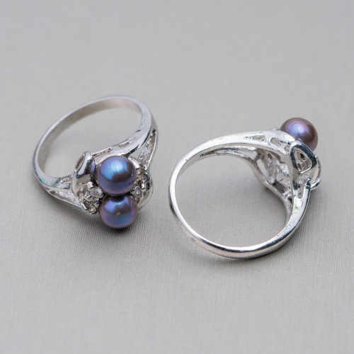 Rhodium-plated Bronze Ring and River Pearls with 3 Light Points 13x19mm Dark Gray