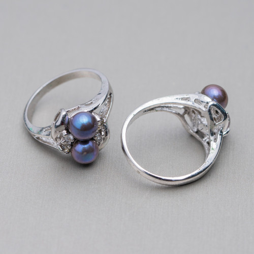 Bague Bronze Rhodié et Perles de Rivière avec 3 Points Lumineux 13x19mm Gris Foncé