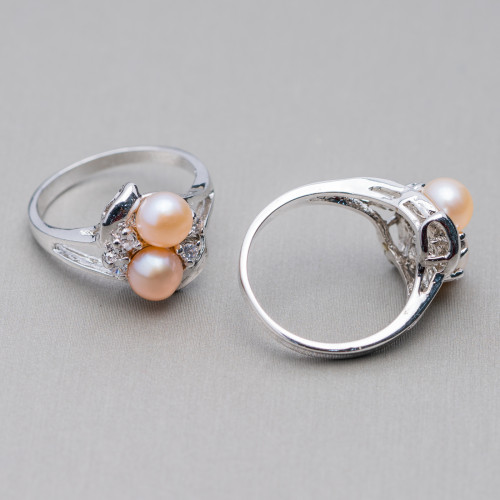 Rhodium-plated Bronze Ring And Freshwater Pearls With 3 Light Points 13x19mm Pink