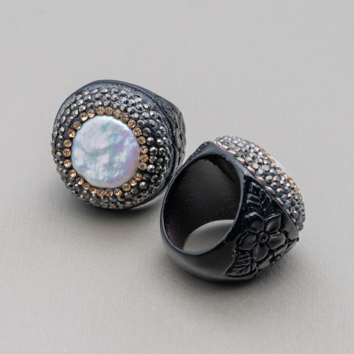 Resin Ring With 30mm Marcasite Rhinestones And Black Baroque Pearls